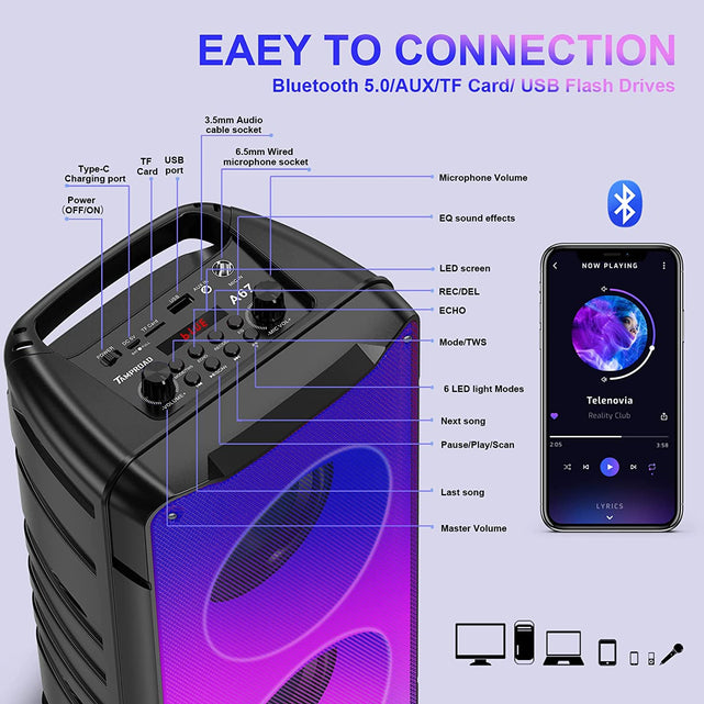Redpepper A67 cassa bluetooth portatile 60W con luci LED