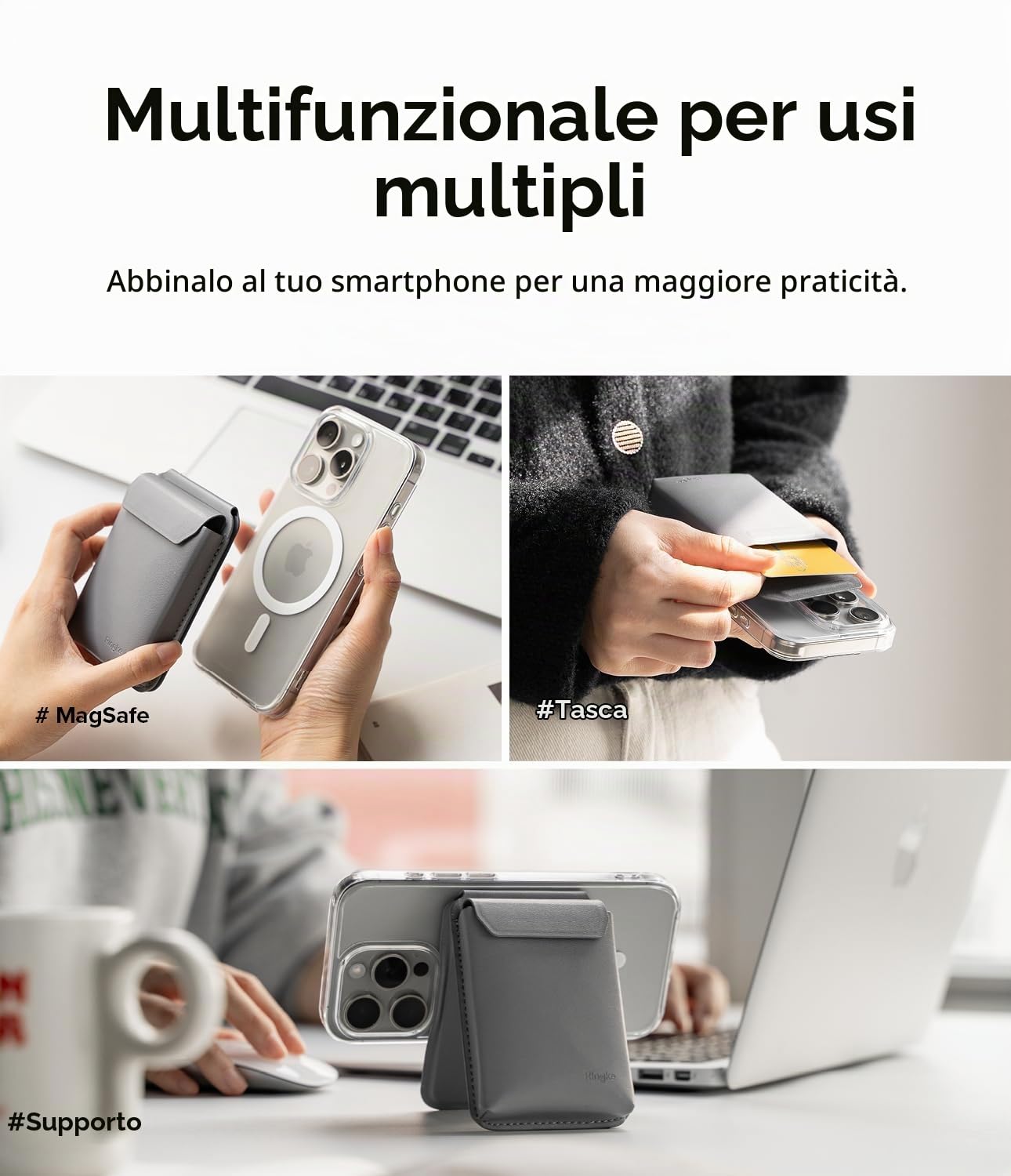 Ringke Card Holder Stand Pocket portacarte magnetico grigio chiaro con supporto