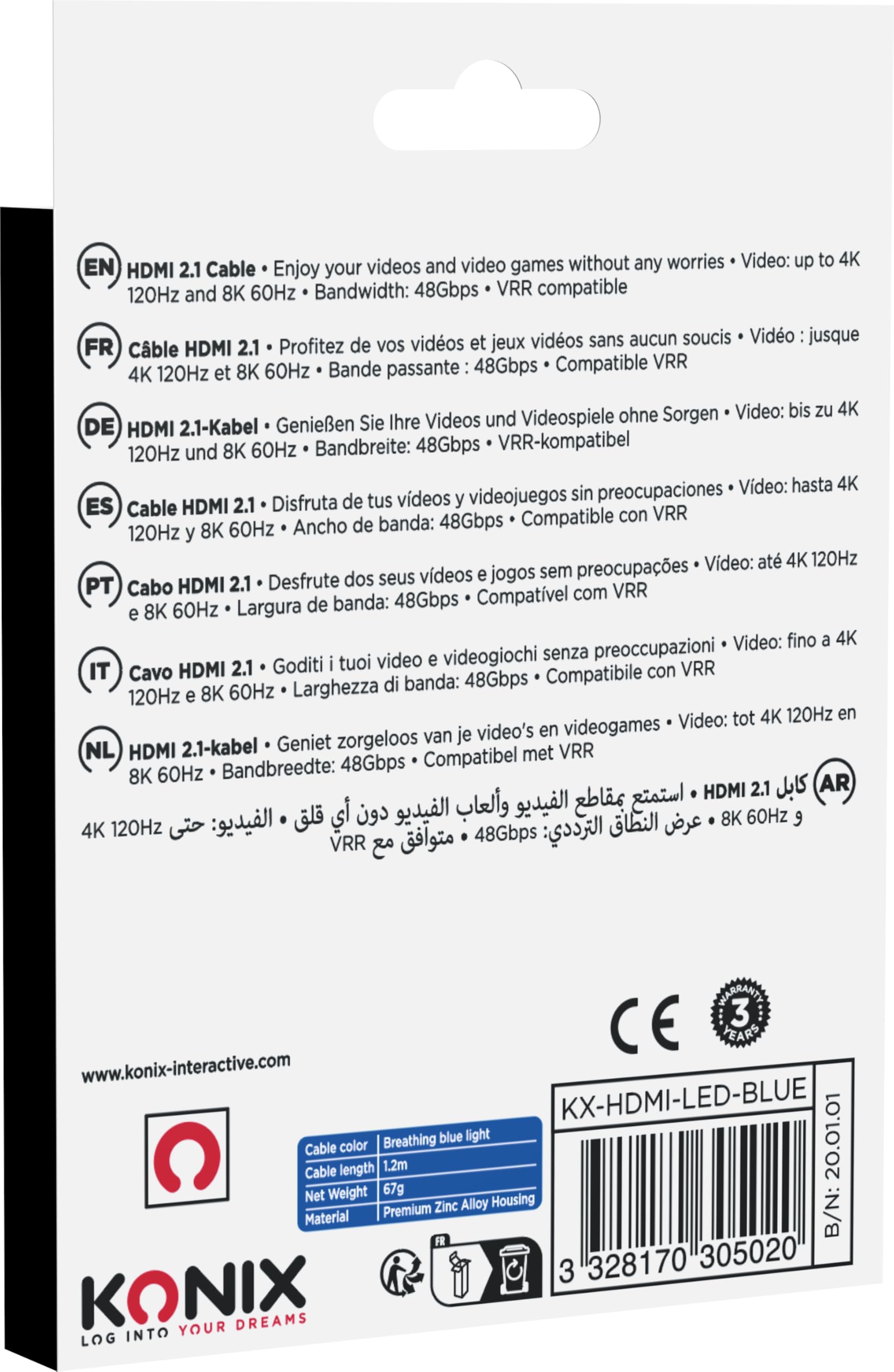 Konix Cables Cavo HDMI 2.1 8K 48Gbps 1,2 m blu LED gaming