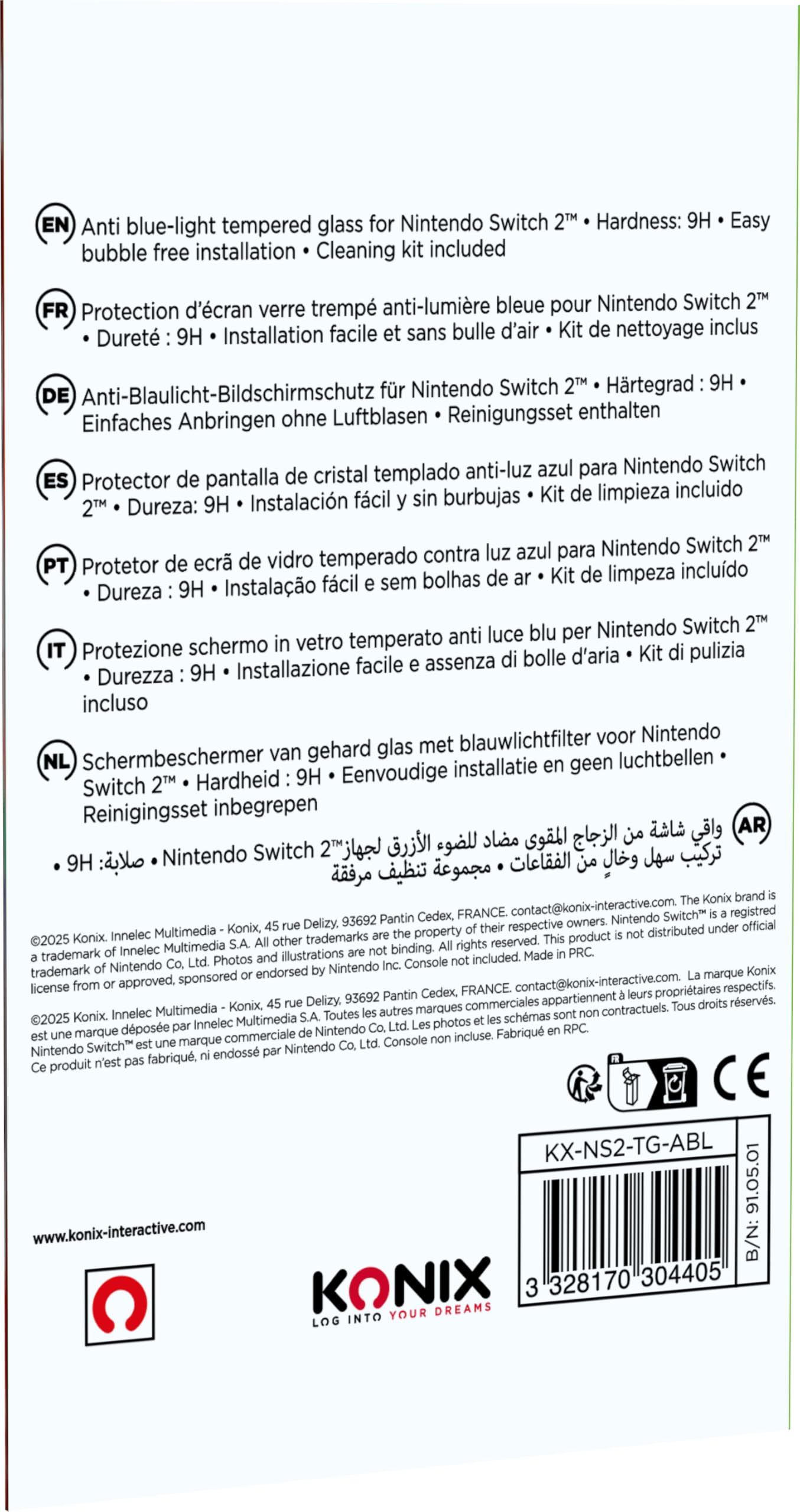 Konix Screen vetro temperato Switch 2 anti-luce blu 9H