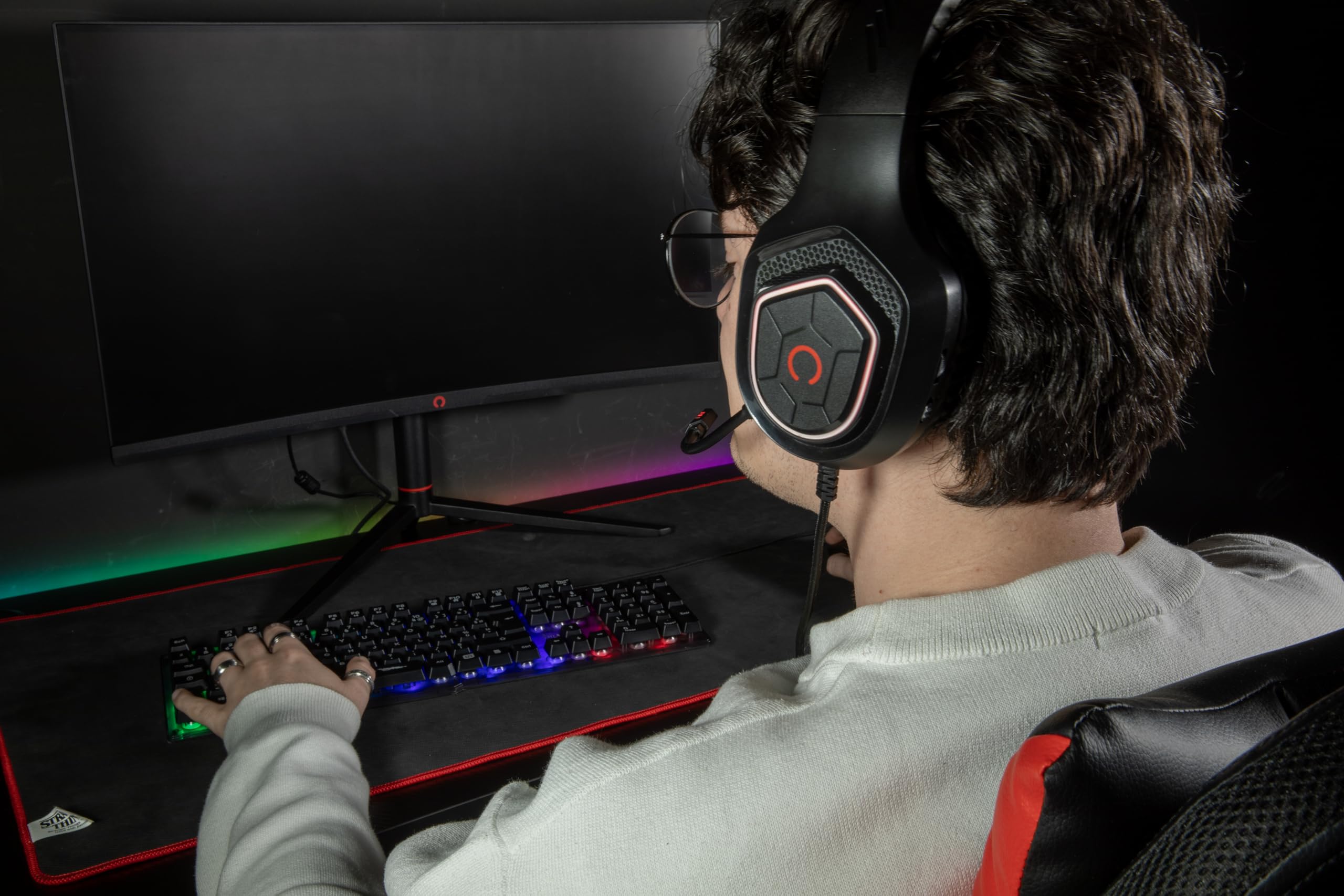 Konix Oberon Cuffie Gaming Cavo 50mm LED Rosse Nere