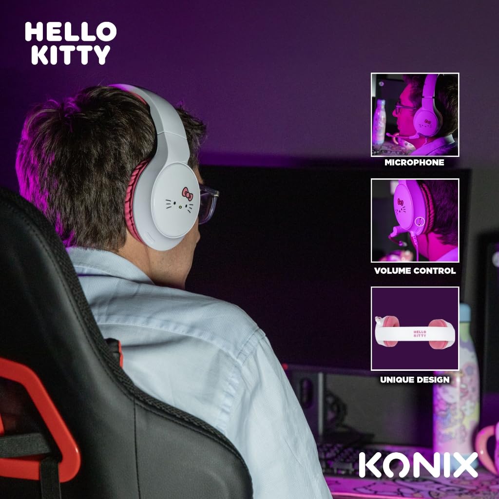 Konix Hello Kitty Cuffie Gaming Cablate Bianco Rosa Jack