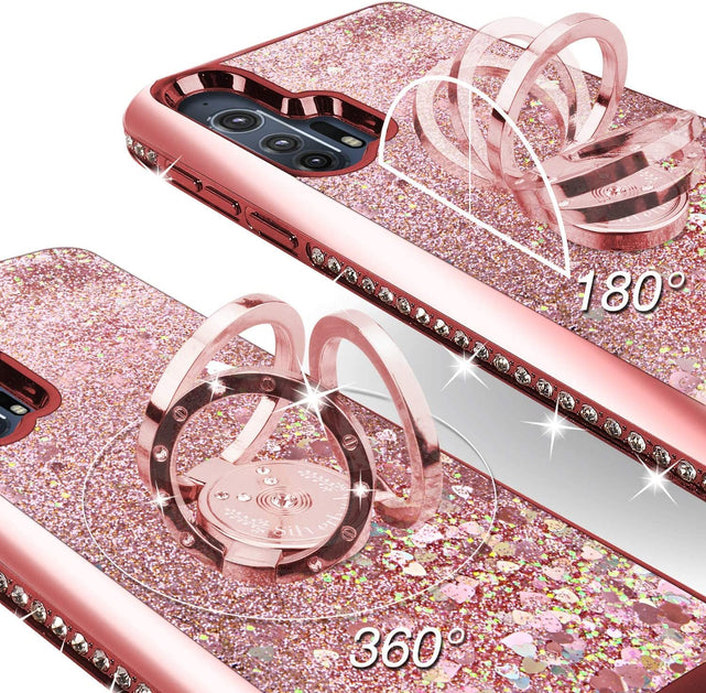 Redpepper Moto Edge Plus cover glitter oro rosa con anello TPU