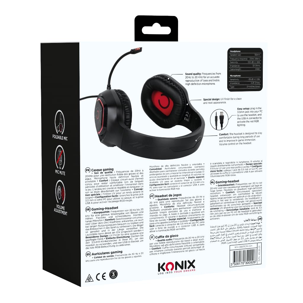 Konix Oberon Cuffie Gaming Cavo 50mm LED Rosse Nere