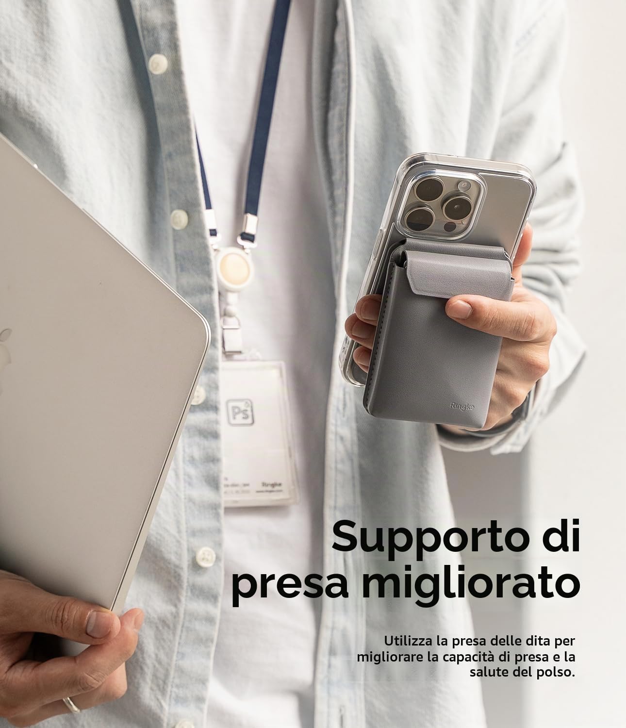 Ringke Card Holder Stand Pocket portacarte magnetico grigio chiaro con supporto