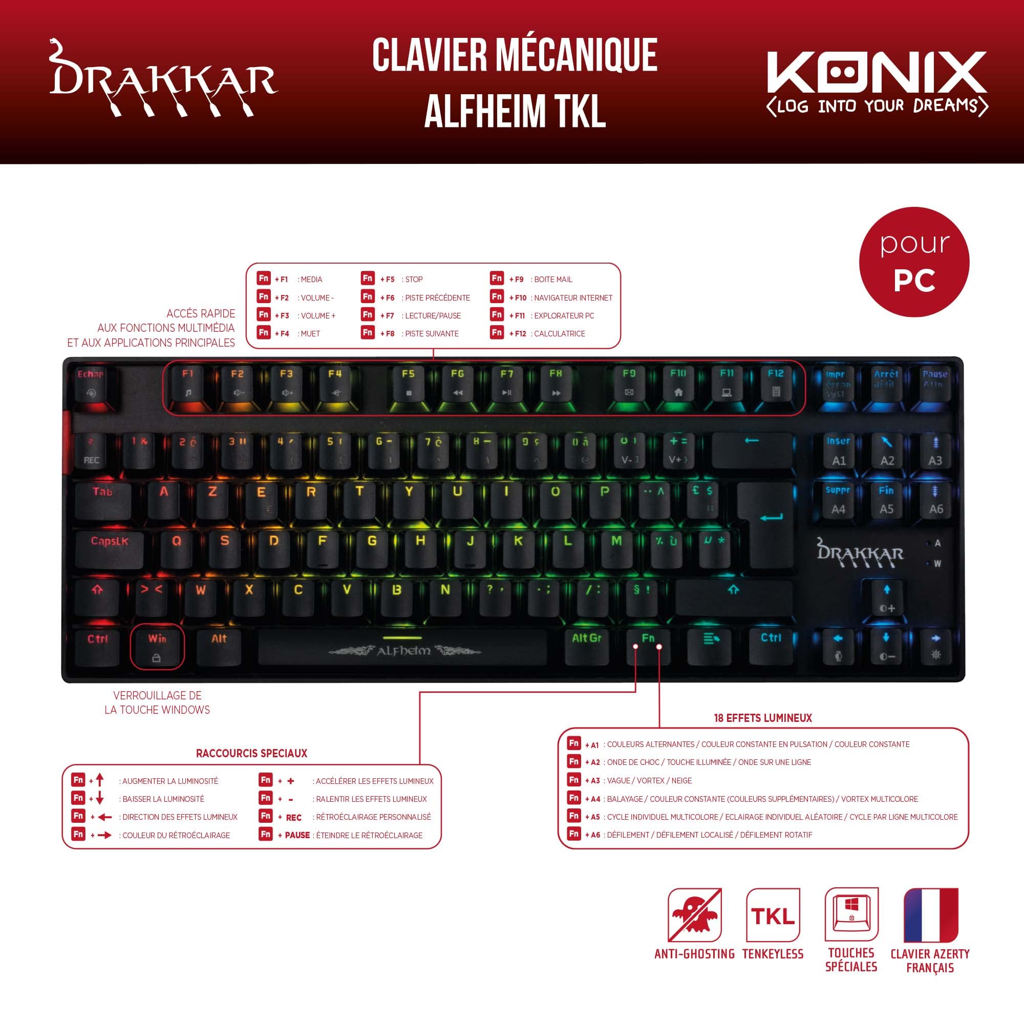 Konix Drakkar Alfheim tastiera meccanica TKL AZERTY RGB cavo
