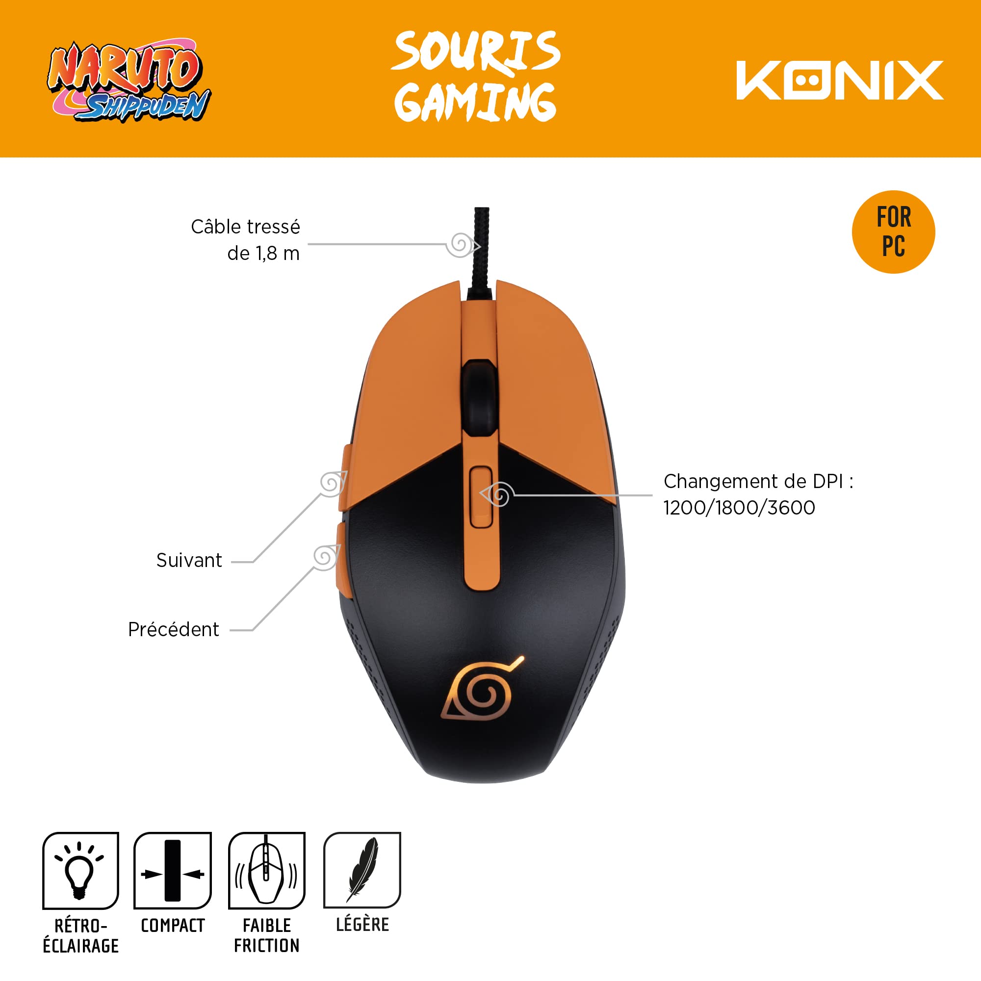Konix Naruto Mouse Gaming Cavo LED 3600 DPI Nero
