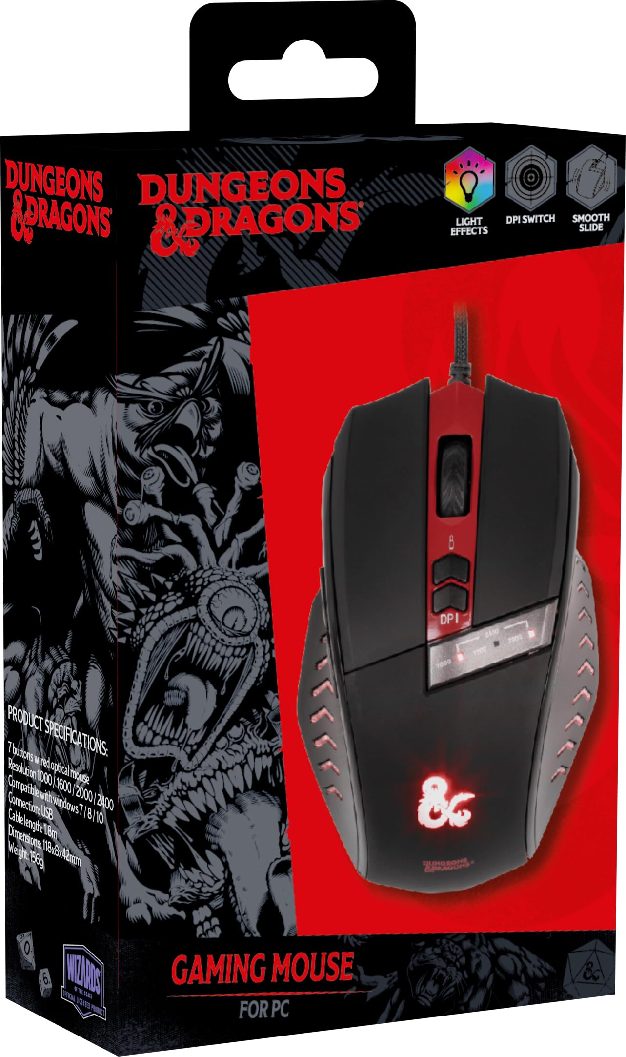 Konix Dungeons & Dragons Mouse Gaming USB Nero Rosso Cavo 1,8m