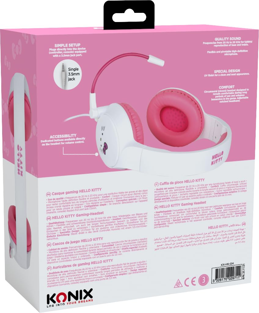Konix Hello Kitty Cuffie Gaming Cablate Bianco Rosa Jack
