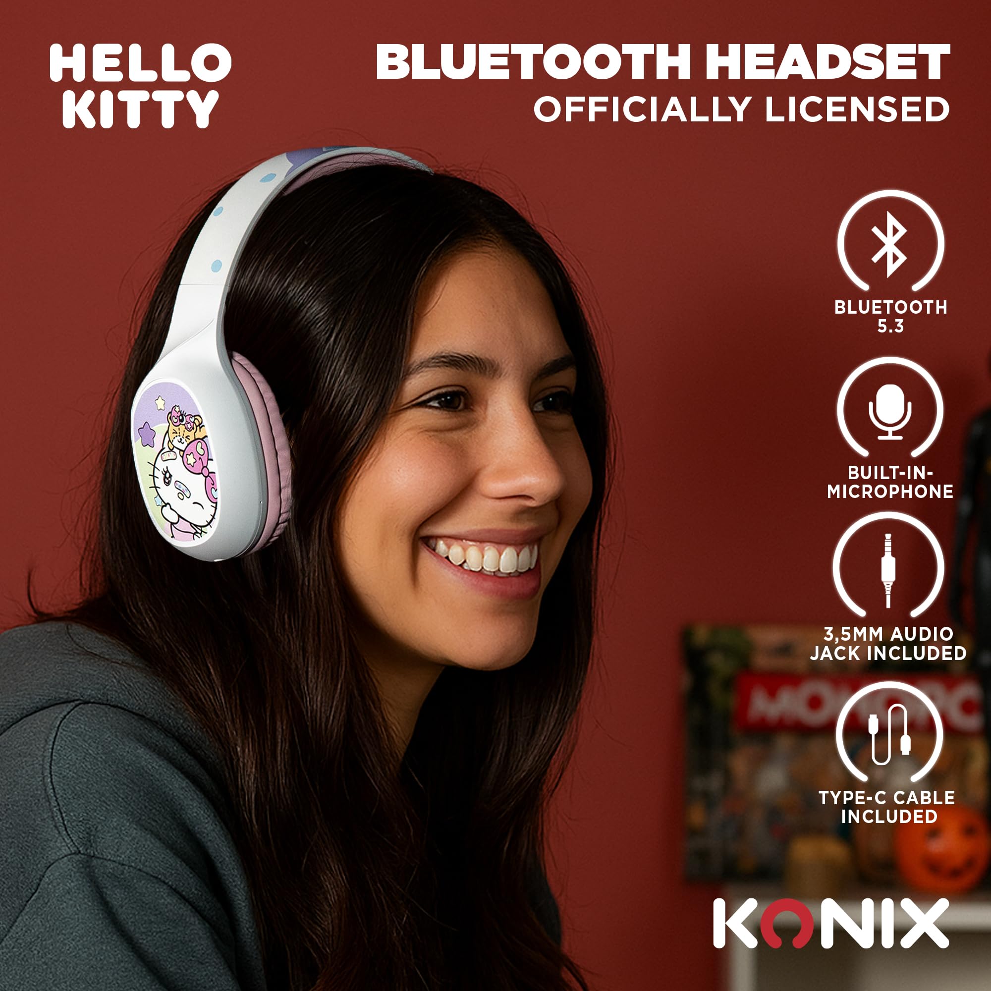 Konix Hello Kitty Cuffie Bluetooth 5.3 Bianco Rosa 30h