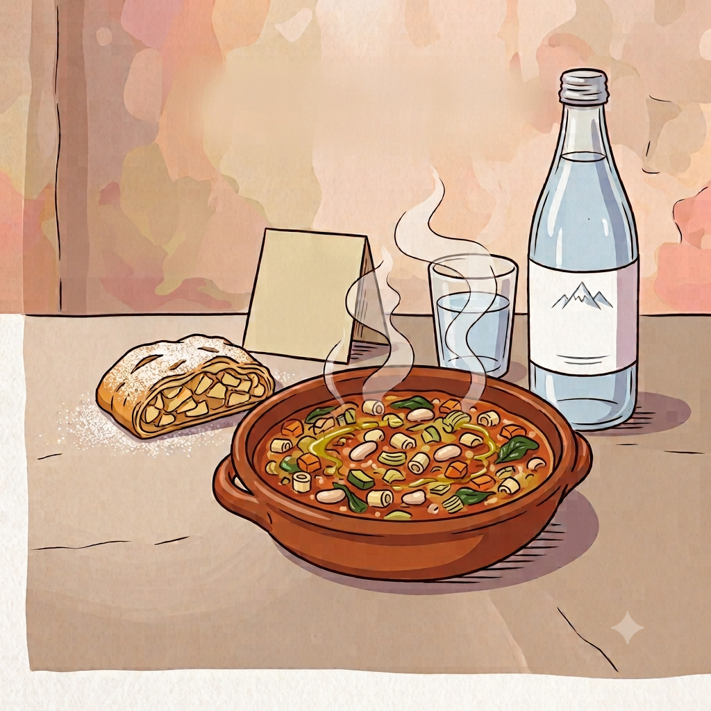 Menù Vaia minestrone strudel e acqua pranzo tipico