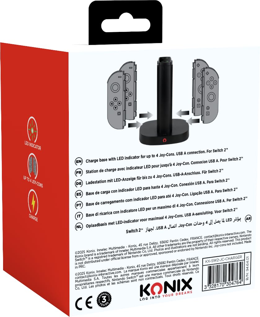 Konix Stazione Ricarica 4 Joy-Con Switch 2 USB-A Nera LED