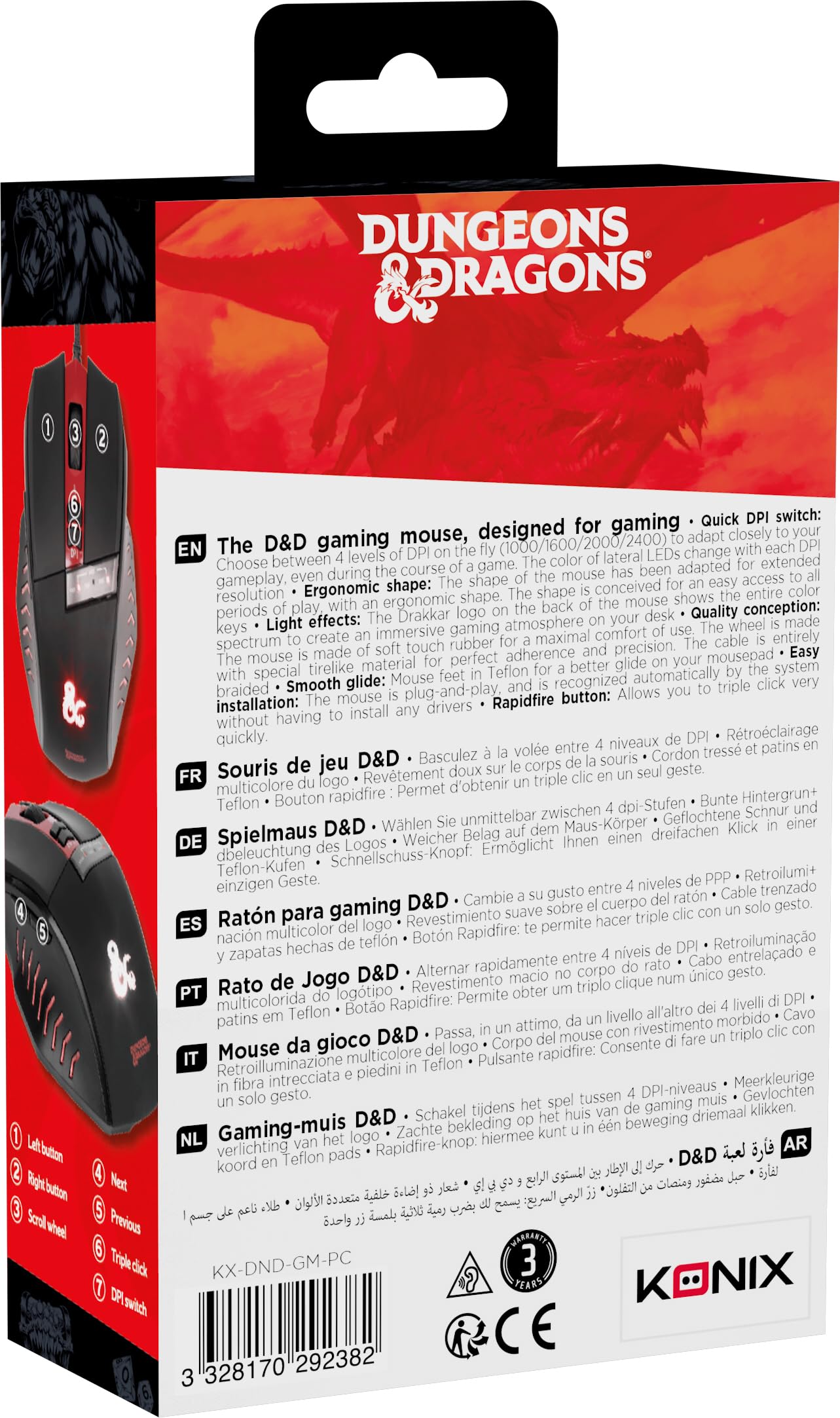 Konix Dungeons & Dragons Mouse Gaming USB Nero Rosso Cavo 1,8m