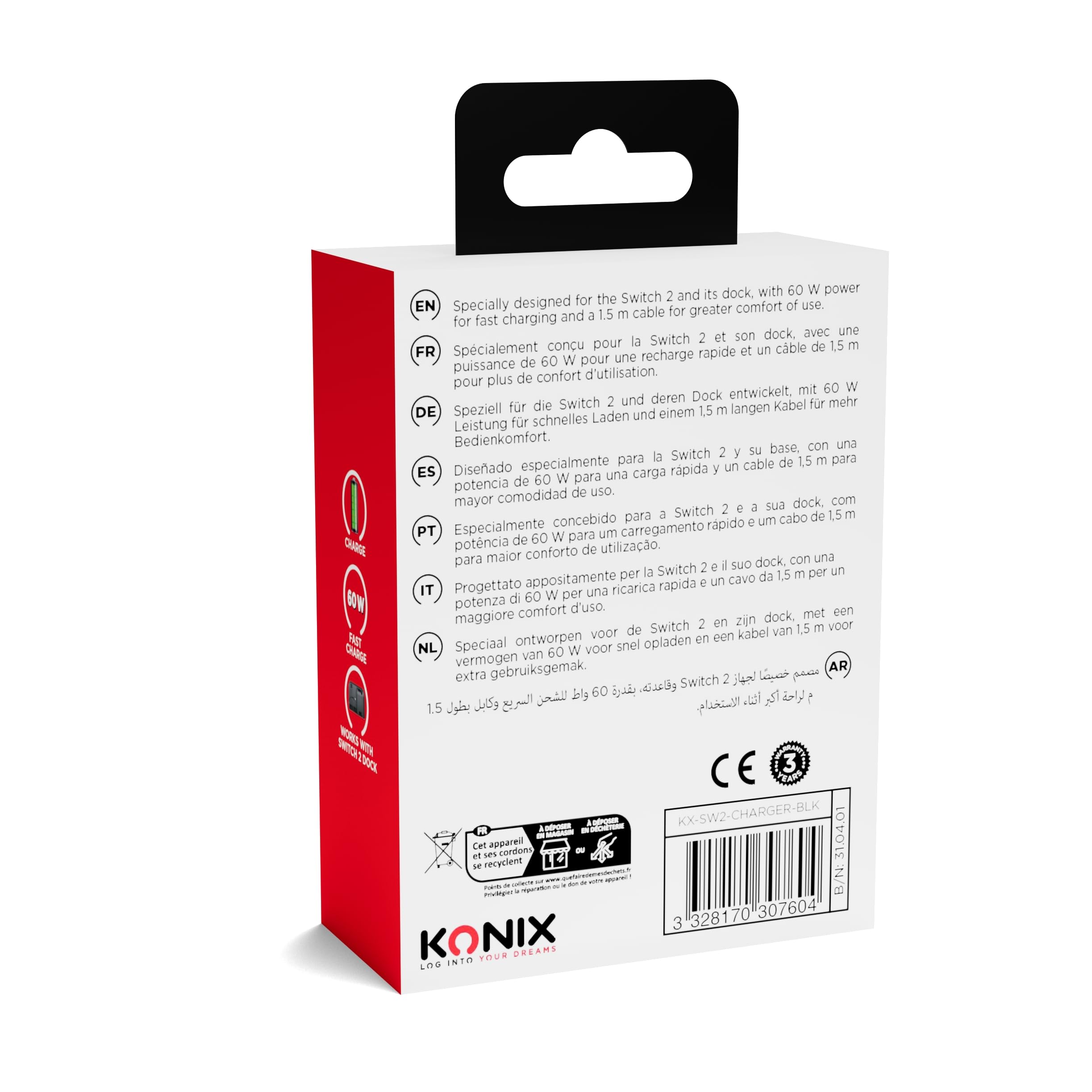 Konix Caricatore USB-C Switch 2 60W Nero 1,5 m Ricarica Rapida