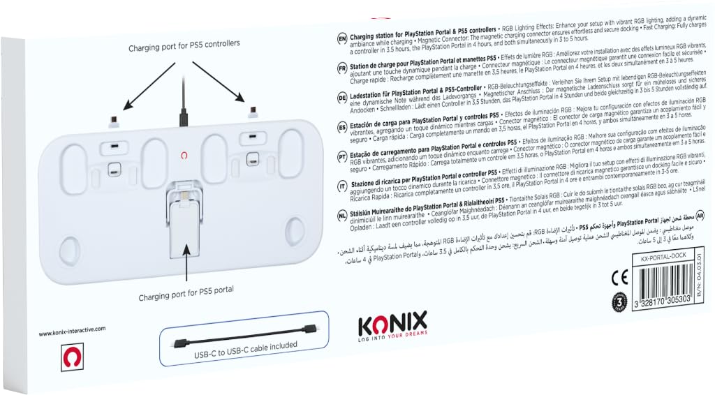 Konix stazione ricarica PlayStation Portal + 2 DualSense bianco RGB