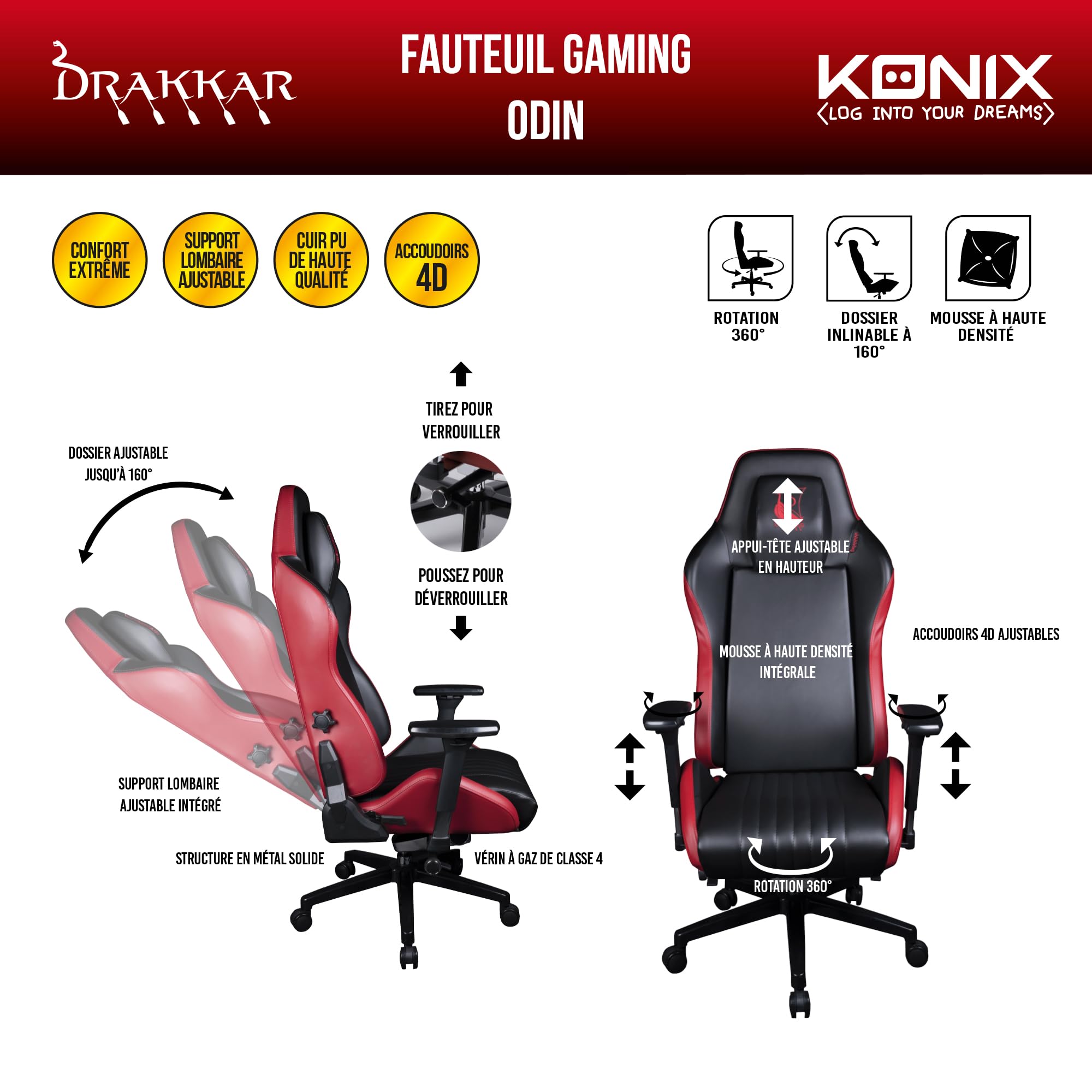 Konix Drakkar Odin sedia gaming nero rosso 160° pelle PU