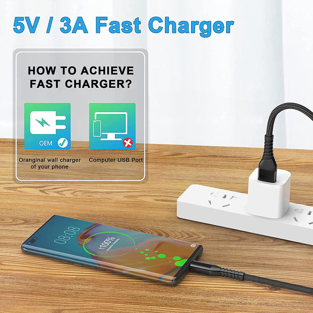 Redpepper Cavi USB-C Nylon 3m 3A Neri 3 Pezzi Ricarica Rapida