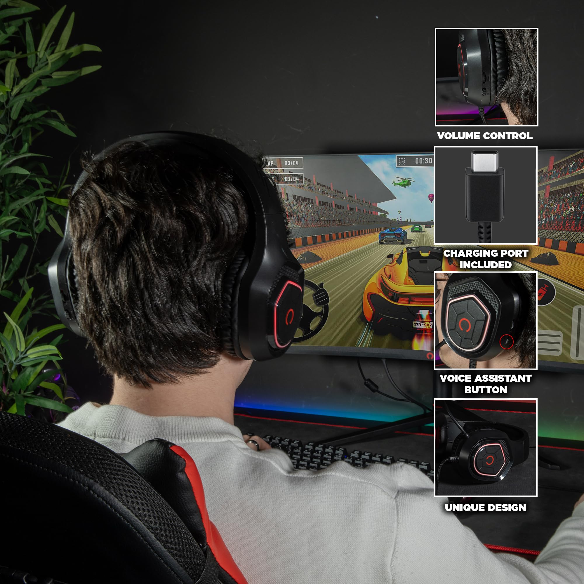 Konix Oberon Cuffie Gaming Cavo 50mm LED Rosse Nere