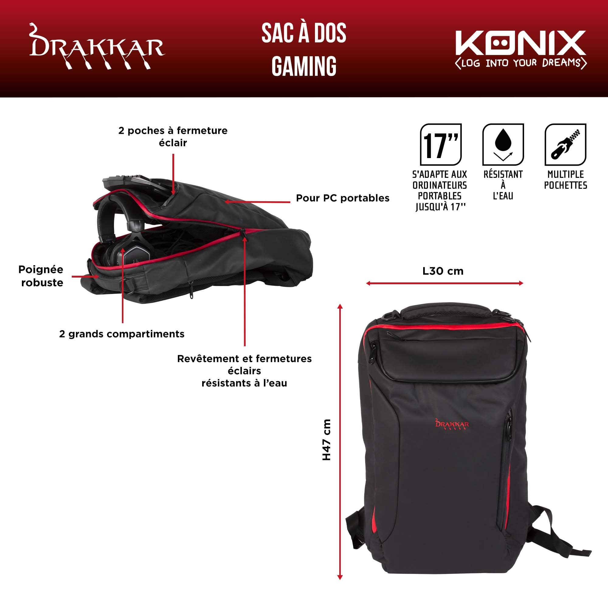 Konix Drakkar Zaino Gaming 17 Pollici 27 l Nero Rosso