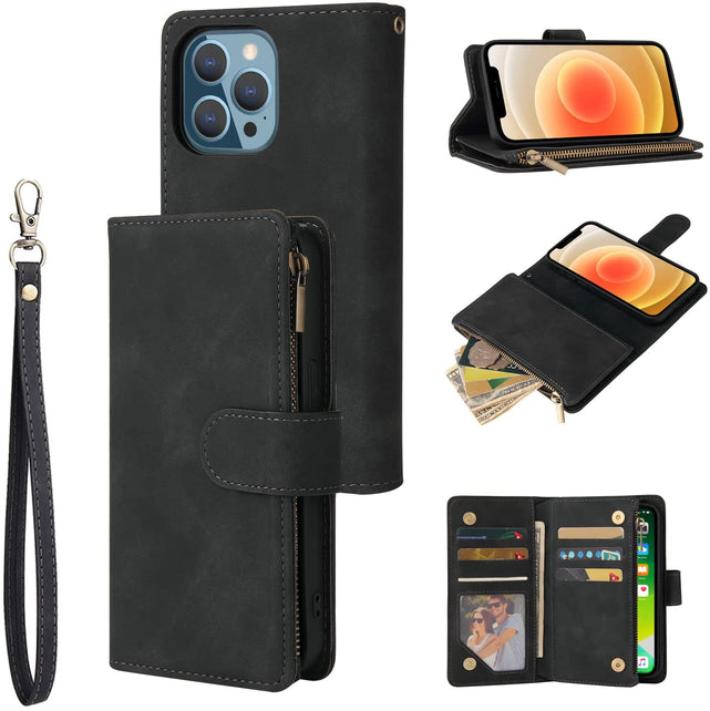 Redpepper iPhone 13 Pro Cover Portafoglio Zip Pelle Nera