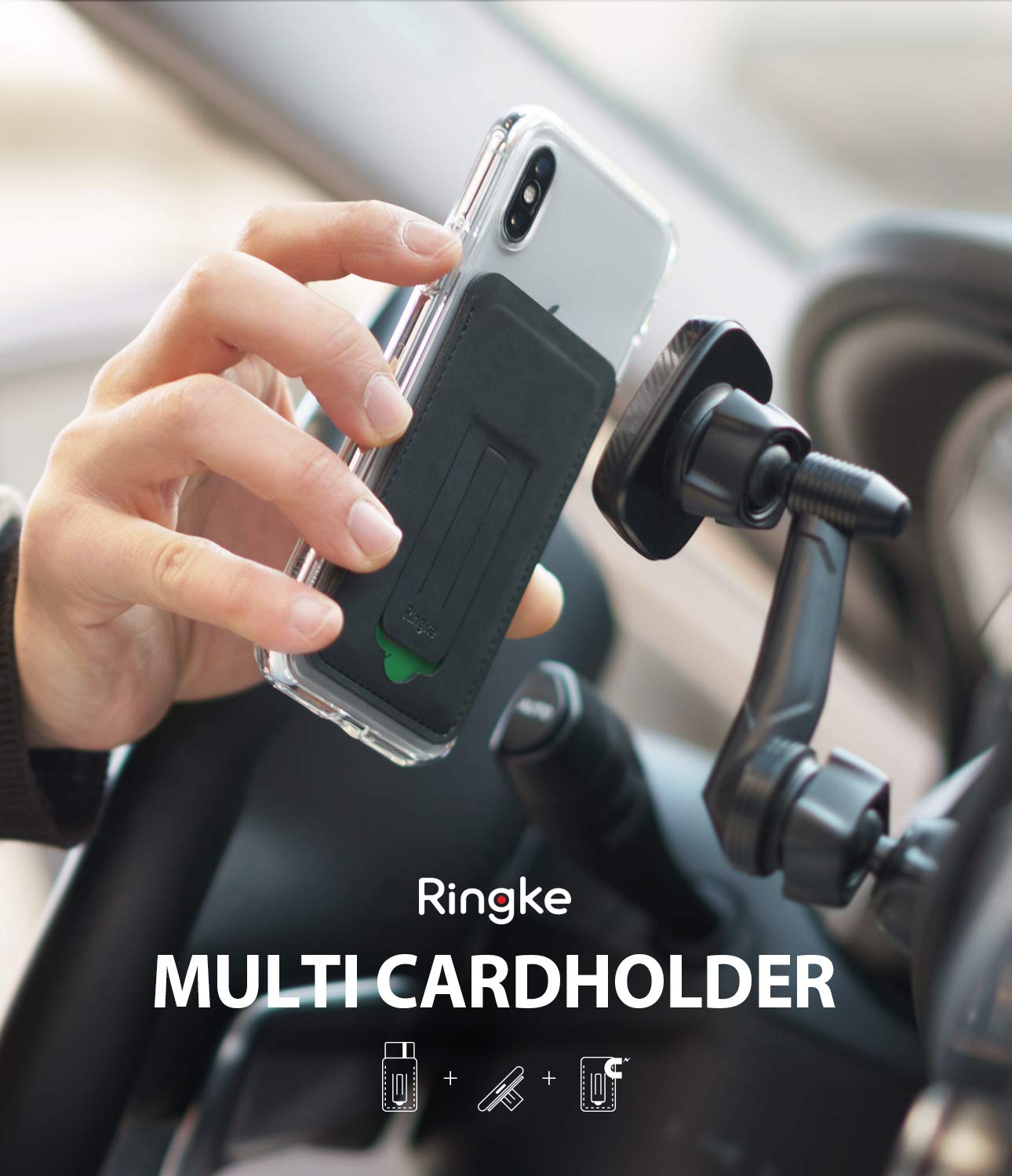 Ringke Card Holder Porta Carte Nero Adesivo con Stand