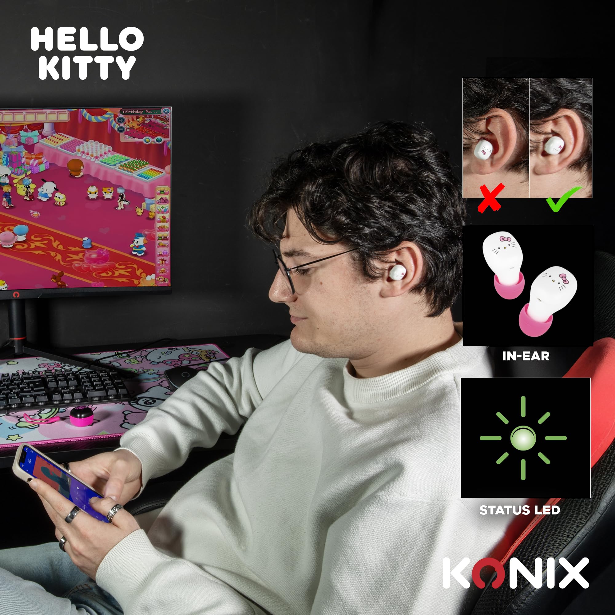 Konix Hello Kitty Cuffie Wireless Nero Rosa 6+15h Bluetooth