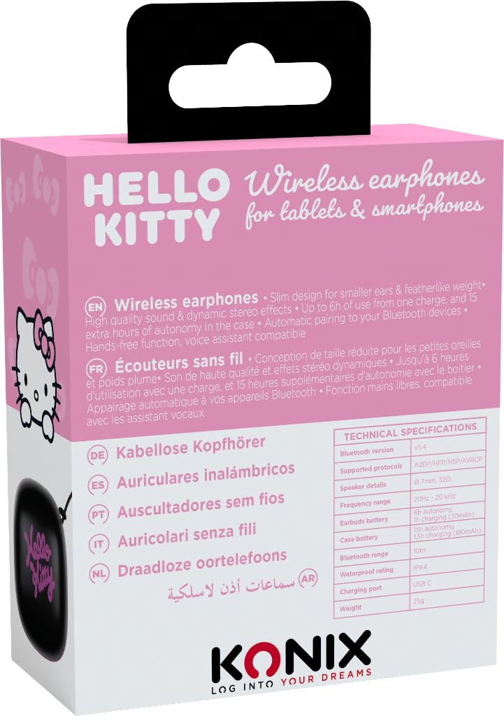 Konix Hello Kitty Cuffie Wireless Nero Rosa 6+15h Bluetooth