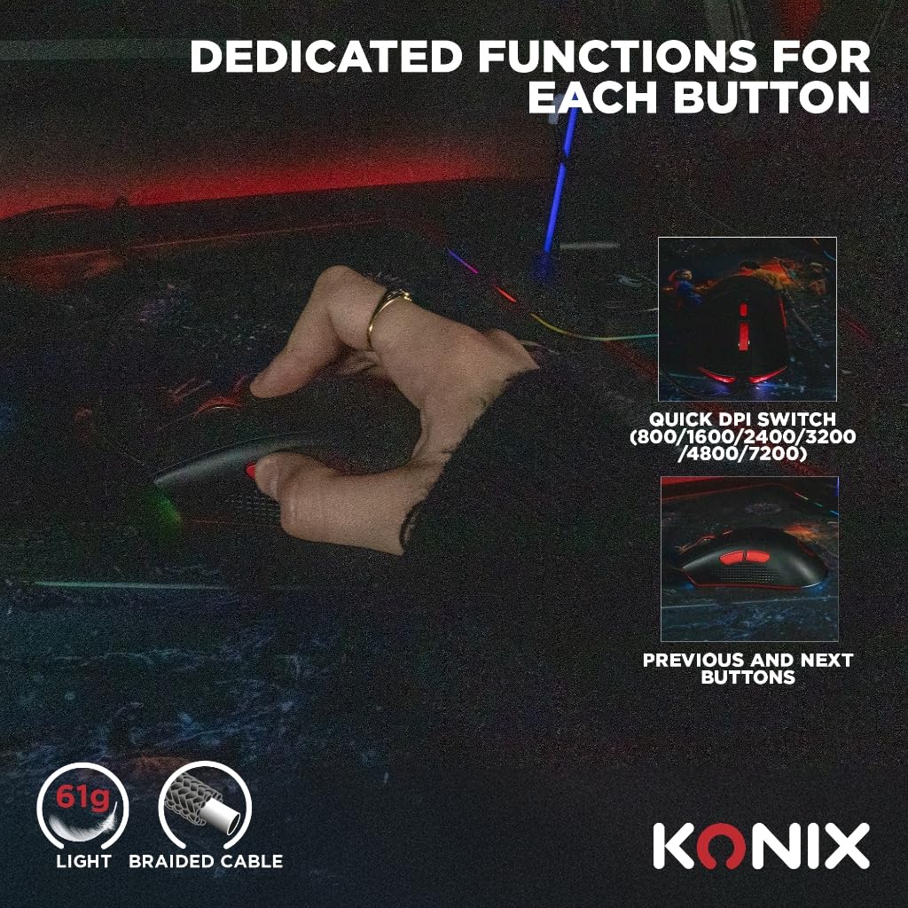 Konix Warlock Mouse Gaming Cavo 61g Nero 6 DPI