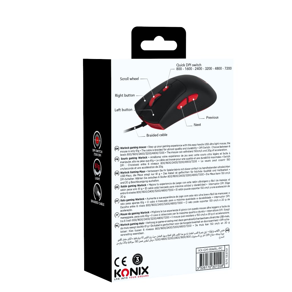 Konix Warlock Mouse Gaming Cavo 61g Nero 6 DPI