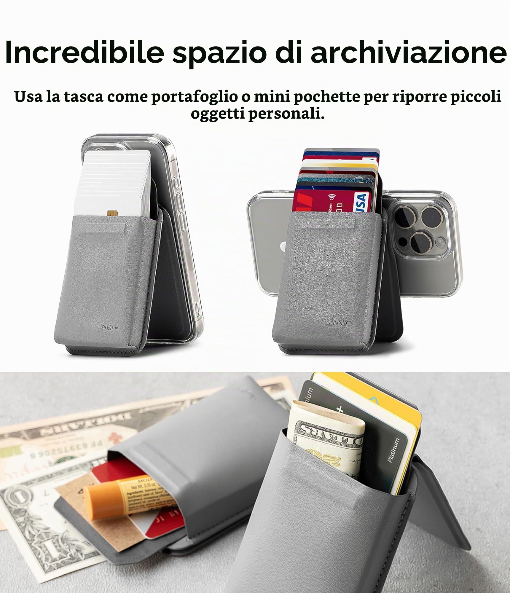 Ringke Card Holder Stand Pocket portacarte magnetico grigio chiaro con supporto