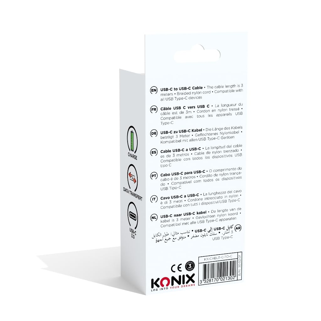 Konix Cavo USB-C a USB-C 3 m nylon nero 5 Gbps