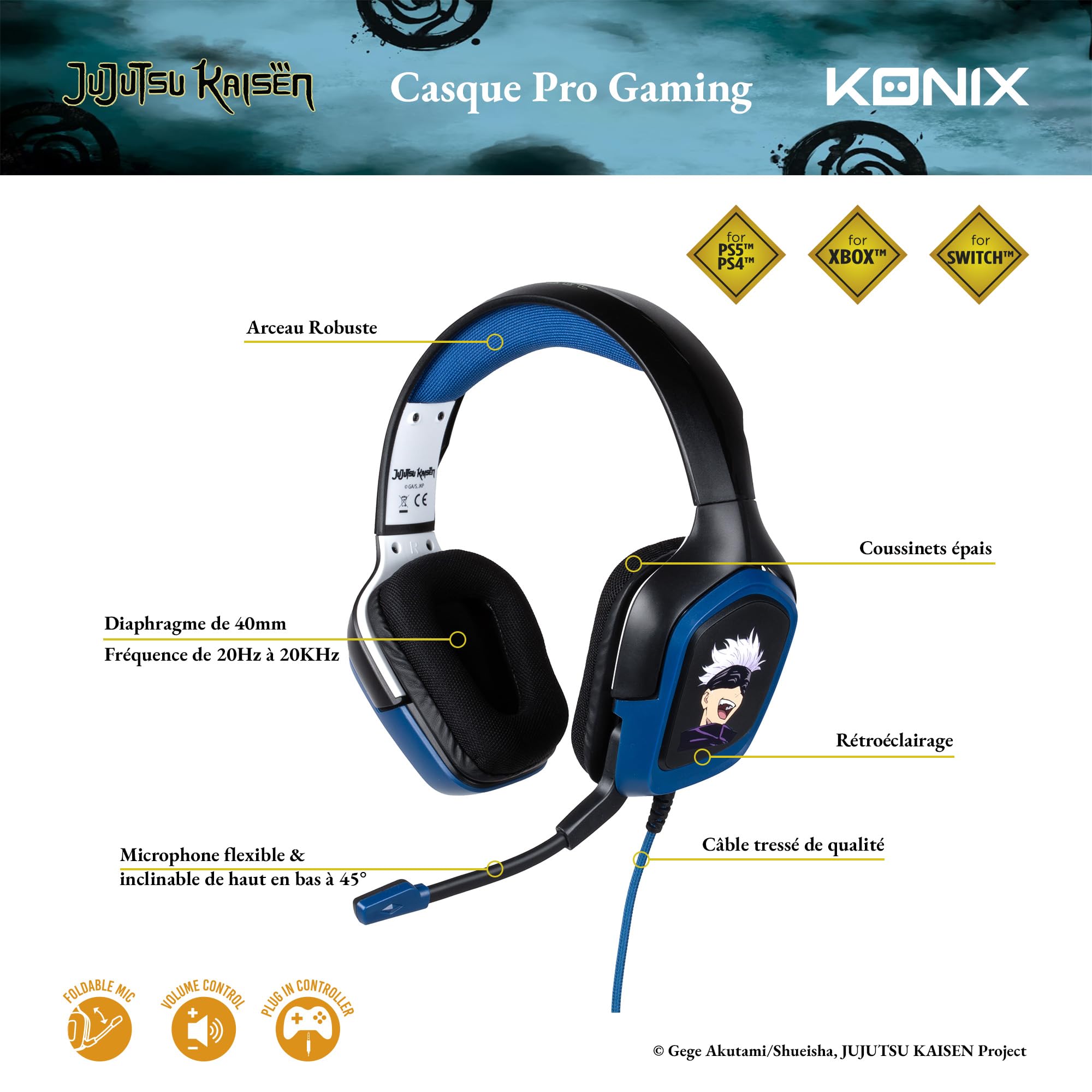Konix Jujutsu Kaisen Cuffie Gamer Cablate Nero e Blu Jack 3,5mm