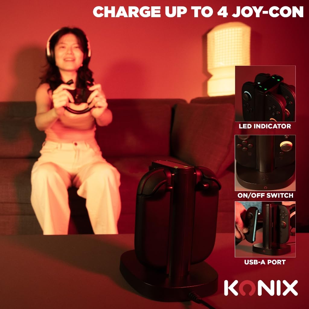 Konix Stazione Ricarica 4 Joy-Con Switch 2 USB-A Nera LED