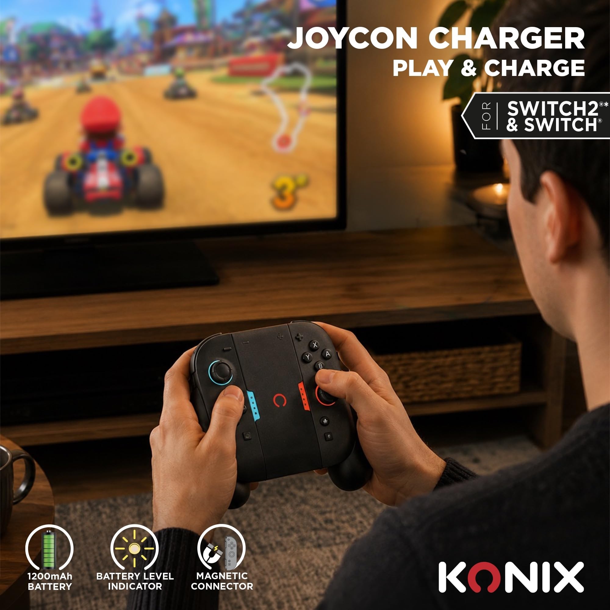 Konix Play and Charge impugnature Joy-Con Switch 2 nero LED