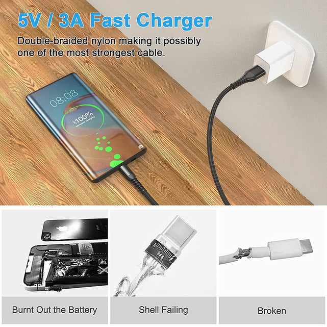 Redpepper Cavi USB-C Nylon 3m 3A Neri 3 Pezzi Ricarica Rapida