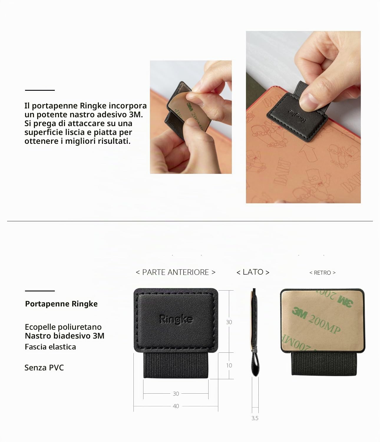 Ringke Pen Holder porta penna adesivo nero 3 pezzi pelle