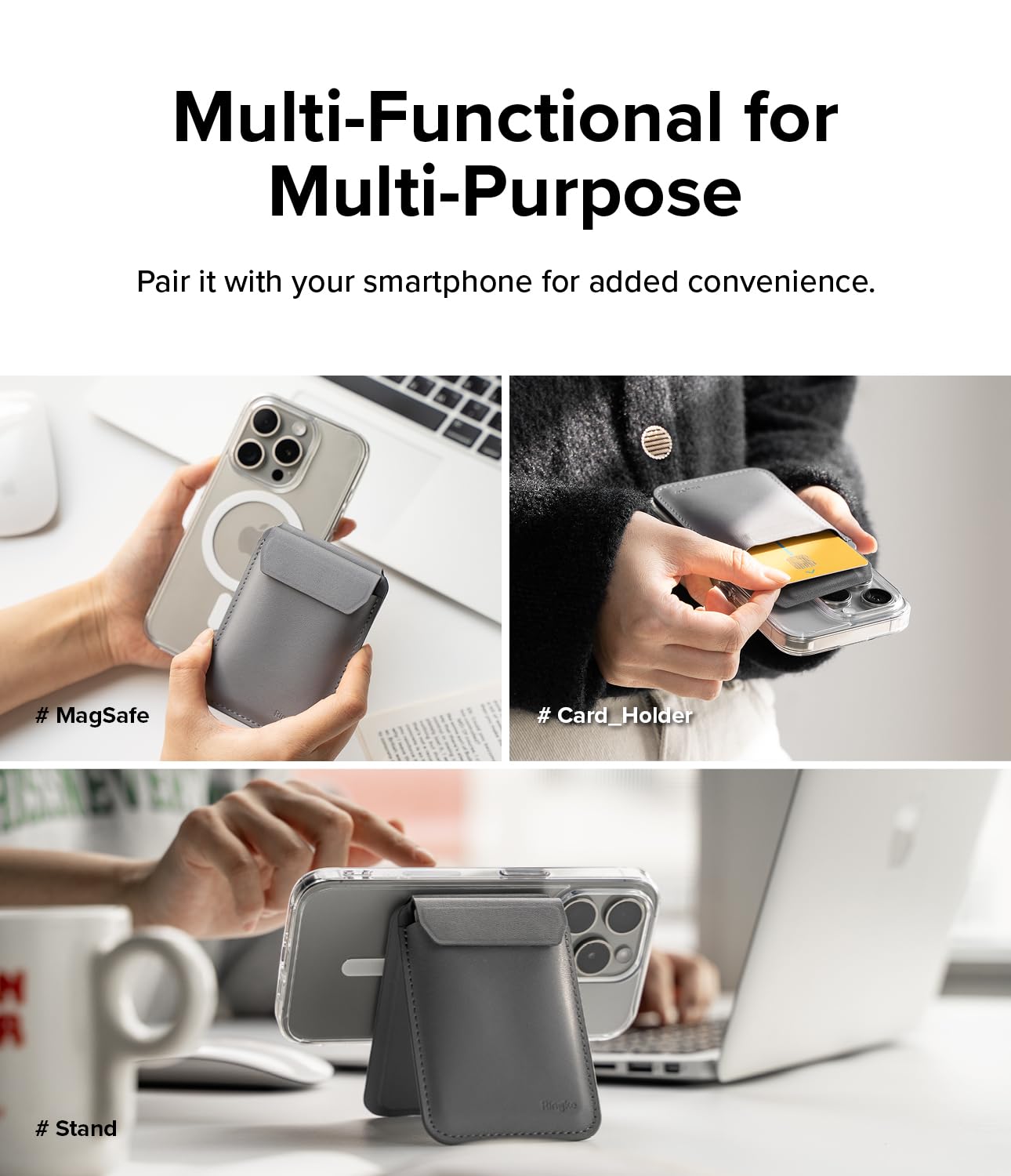 Ringke Stand Wallet Portafoglio Magnetico Pelle 3 Carte Grigio