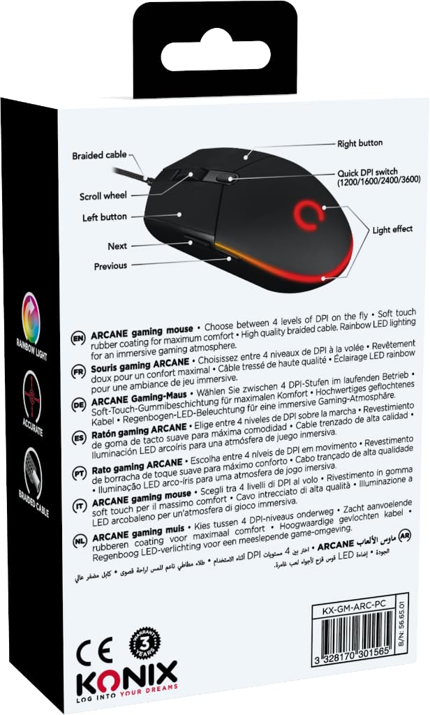 Konix Arcane Mouse Gaming Cavo 70g LED Nero