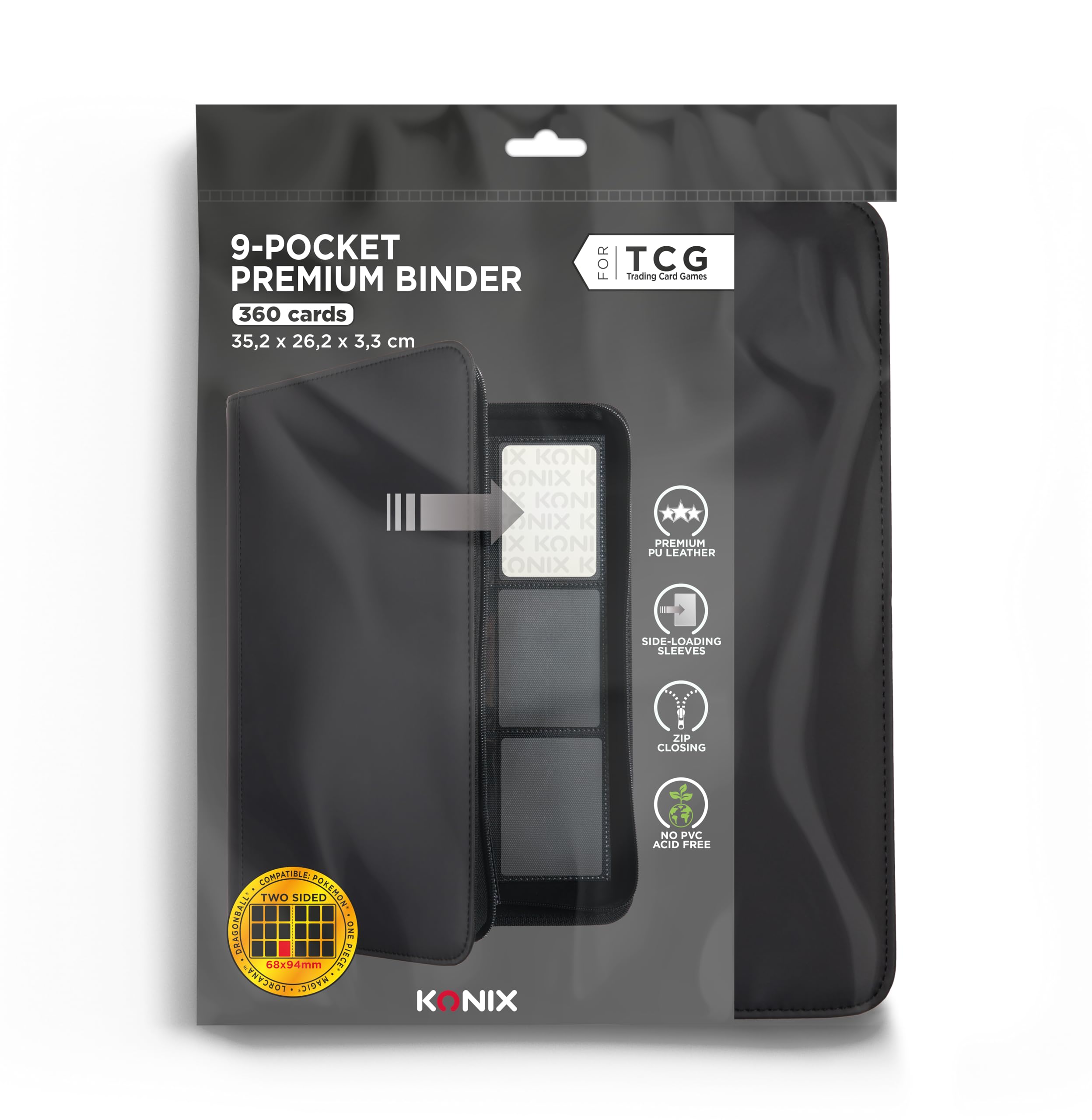 Konix Raccoglitore Premium 360 Carte 9 Tasche Nero 63x88