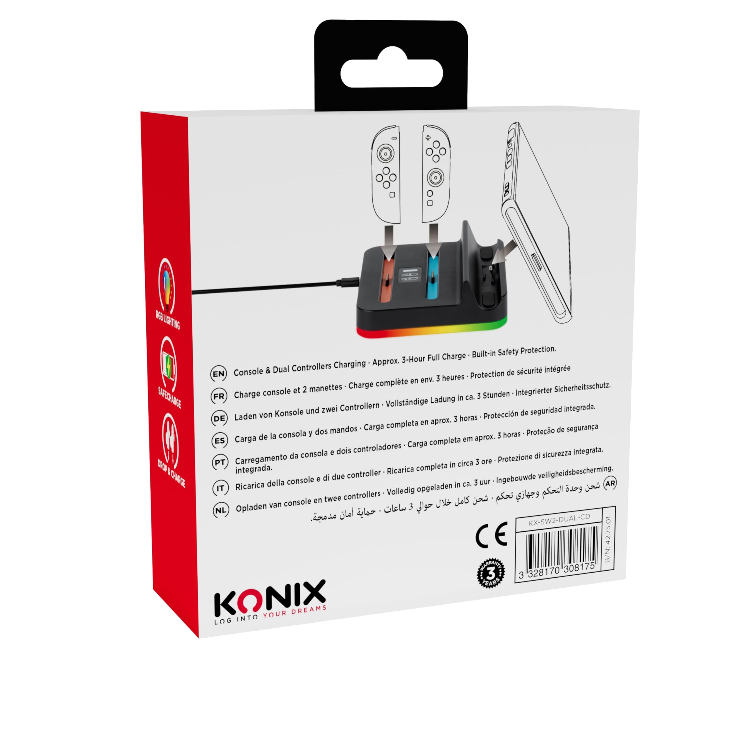 Konix Stazione Ricarica Dock Switch 2 Portal RGB Nero 3 Ore