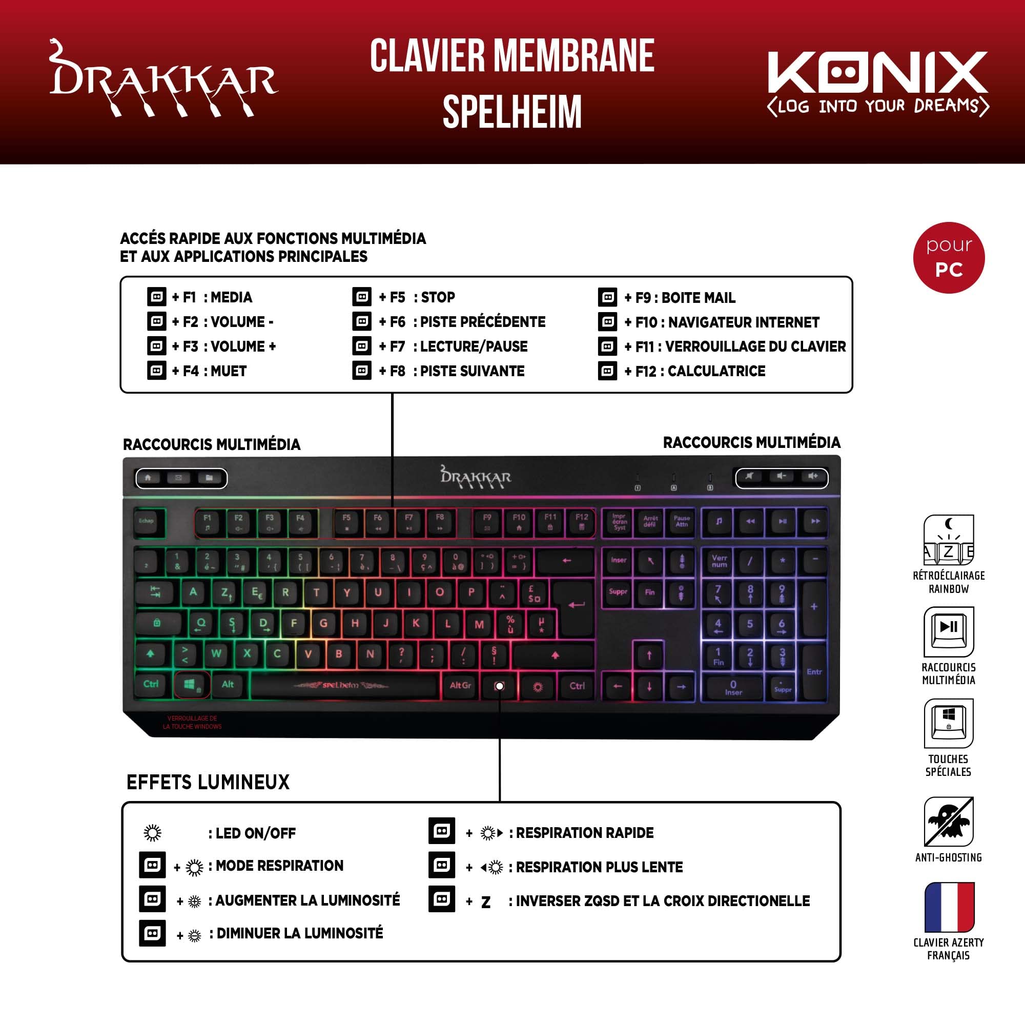 Konix Drakkar Spelheim Tastiera Gaming Membrana AZERTY cavo RGB