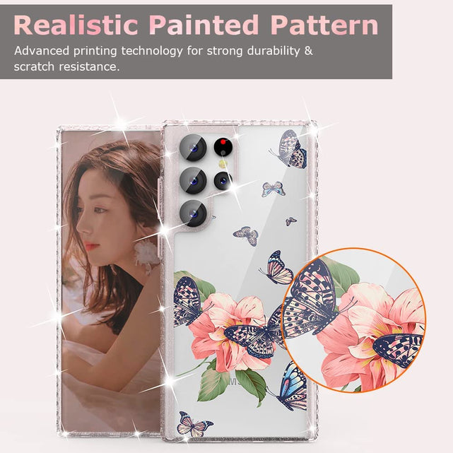 Redpepper Galaxy S22 Ultra Flower Butterfly Cover glitter trasparente