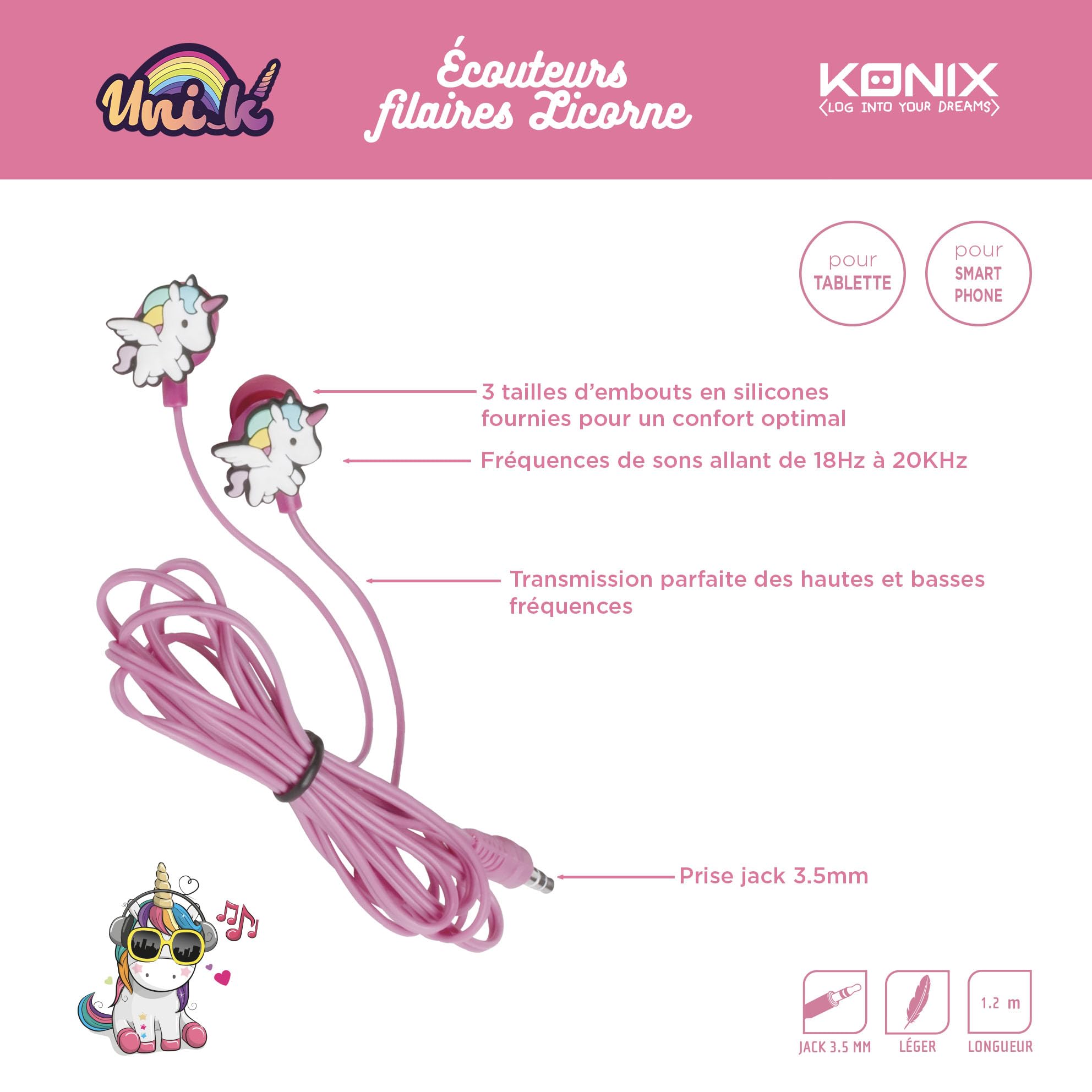 Konix Unik auricolari filo unicorno jack microfono 1,2 m