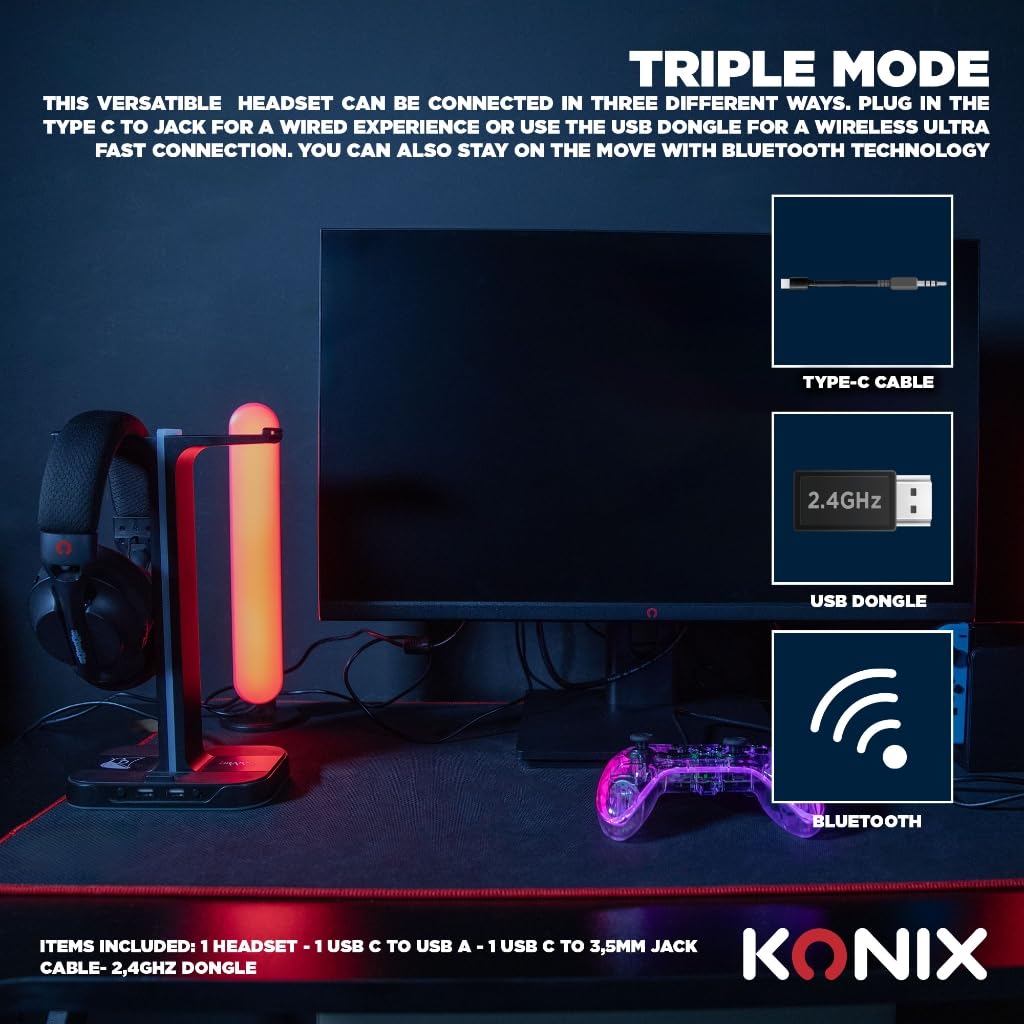 Konix Pulsar Cuffie Gaming 180g Bluetooth Nere 40mm