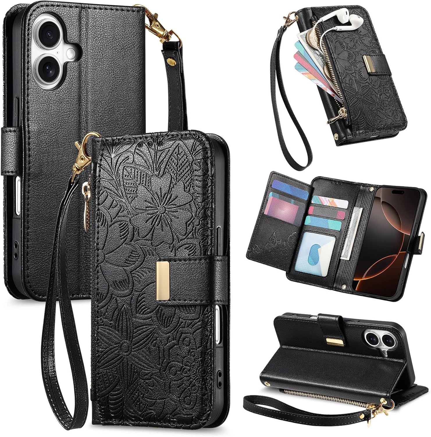Redpepper iPhone 17 Custodia Portafoglio Nera Zip Vintage