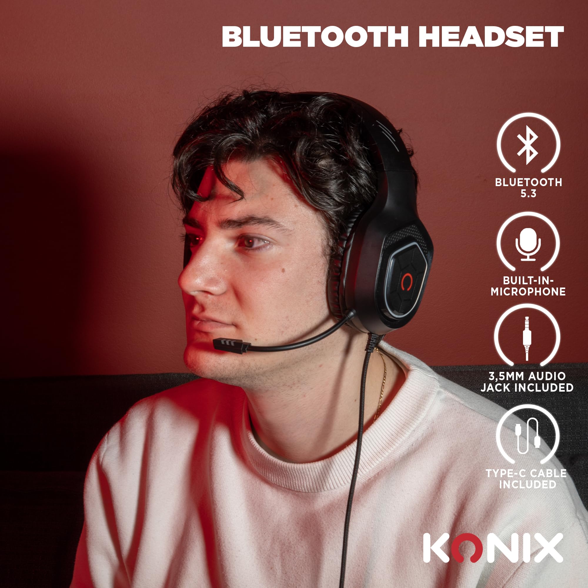 Konix Oberon Cuffie Gaming Cavo 50mm LED Rosse Nere