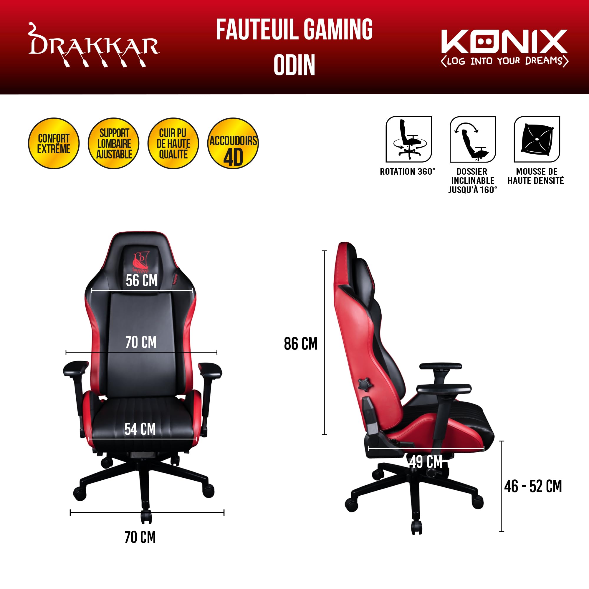 Konix Drakkar Odin sedia gaming nero rosso 160° pelle PU