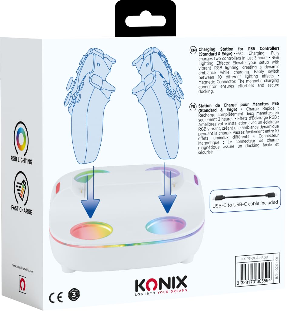 Konix Stazione Ricarica 2 Controller PS5 RGB Bianco