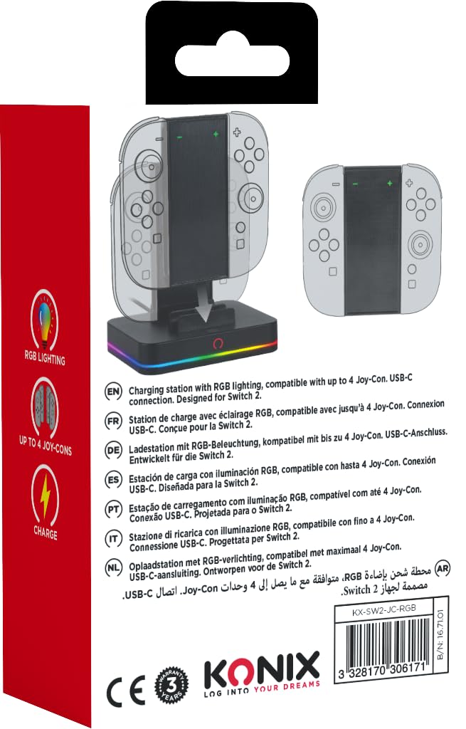 Konix Stazione Ricarica 4 Joy-Con Switch 2 RGB Nero