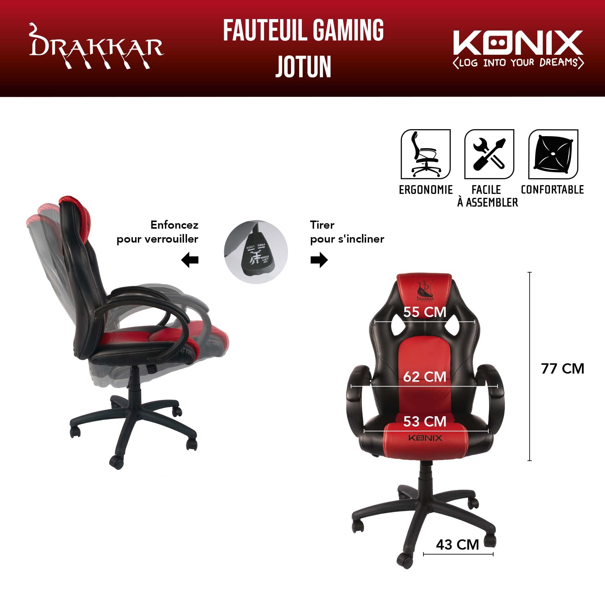 Konix Drakkar Jötun sedia gaming junior nero-rosso ecopelle